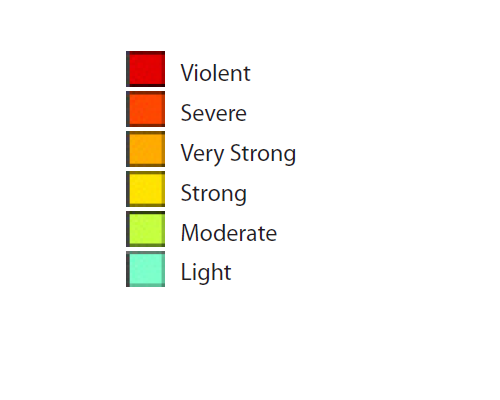 Earthquake legend colors from severe to light